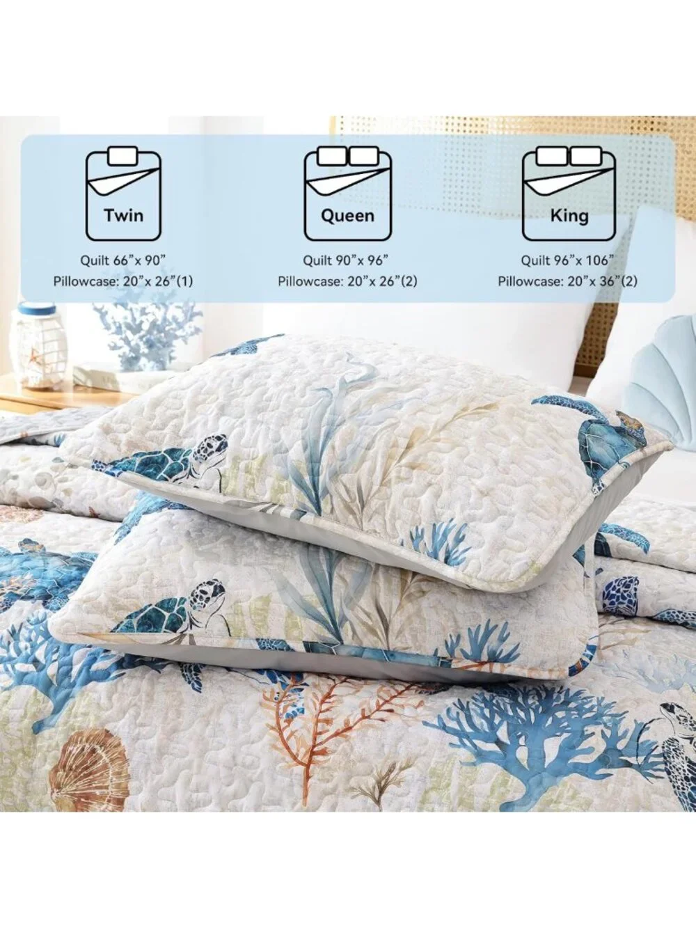 Coastal Sea Turtle King Quilt Set, Lightweight Summer Bedding, Beach House